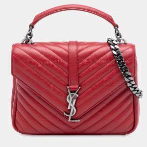 Pre Owned Saint Laurent Paris Red Medium Chevron Sheepskin Monogram College Satchel
