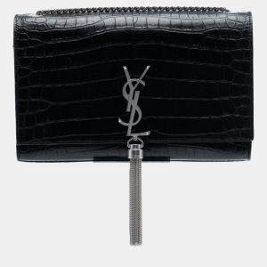 Pre Owned Saint Laurent Paris Black Medium Croc Embossed Leather Kate Tassel Crossbody