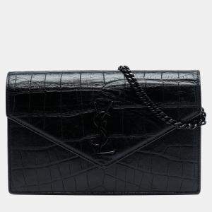 Pre Owned Saint Laurent Paris Black Croc Embossed Leather Monogram Monochrome Envelope Chain Wallet