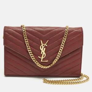 Pre Owned Saint Laurent Cassandre Red Matelassé Leather Wallet on Chain