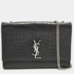 Pre Owned Saint Laurent Kate Large Black Croc Embossed Leather Flap Shoulder Bag