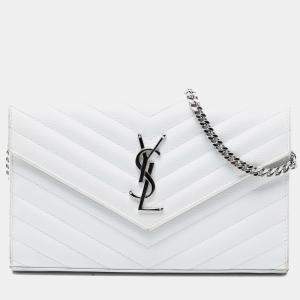 Pre Owned Saint Laurent Paris White Grain De Poudre Cassandre Chain Wallet