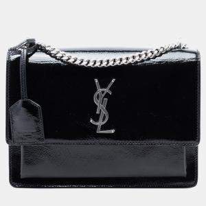 مملوكة مسبقًا Saint Laurent Paris Black Medium Textured Patent Monogram Sunset Crossbody