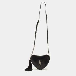 Pre Owned Saint Laurent Heart Black Leather Chain Crossbody Bag