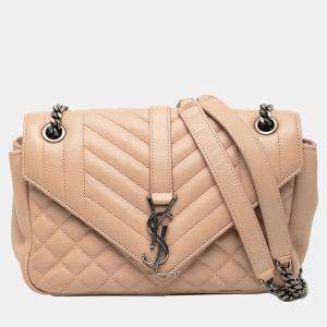 Pre Owned Saint Laurent Paris Brown Medium Sheepskin Triquilt Monogram College Bag