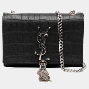 Pre Owned Saint Laurent Paris Black Small Croc Embossed Leather Monogram Kate Tassel Crossbody
