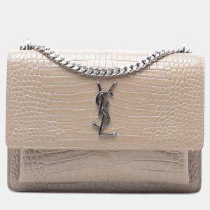 Pre Owned Saint Laurent Paris Brown Medium Croc Embossed Leather Monogram Sunset Crossbody