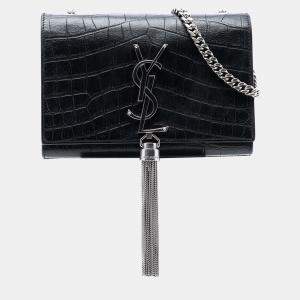 Pre Owned Saint Laurent Paris Black Small Croc Embossed Leather Monogram Kate Tassel Crossbody