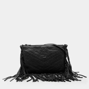 Pre Owned حقيبة كروس بودي بشراريب مونوغرام جلد الغنم شيفرون سوداء سان لوران باريس