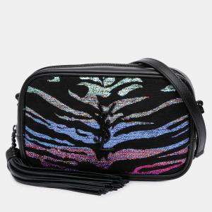 Pre Owned Saint Laurent Paris Black Canvas Metallic Tiger Print Monogram Lou Camera Bag