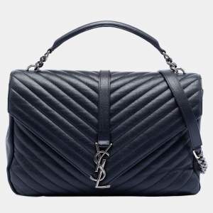 Pre Owned Saint Laurent Paris Blue Large Chevron Sheepskin Monogram College Satchel