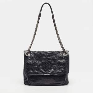 Pre Owned Saint Laurent Niki Medium Black Crinkled Matelassé Leather Shoulder Bag