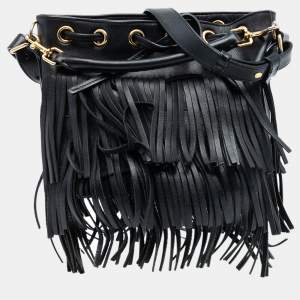 Pre Owned Saint Laurent Paris Black Small Calfskin Emmanuelle Fringe Bucket Bag