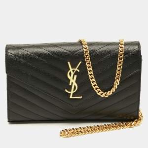 مملوكة مسبقًا Saint Laurent Cassandre Black Matelassé Leather Wallet On Chain