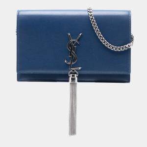 مملوكة مسبقًا Saint Laurent Paris Blue Smooth Calfskin Monogram Kate Tassel Wallet on Chain