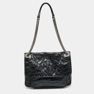 Pre Owned Saint Laurent Niki Medium Black Crinkled Matelassé Leather Shoulder Bag