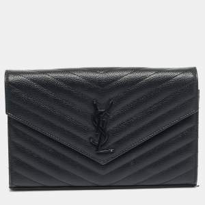 Pre Owned Saint Laurent Envelope Black Matelassé Leather Wallet On Chain