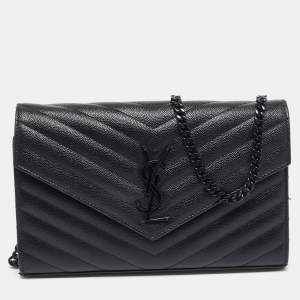 Pre Owned Saint Laurent Monogram Envelope Black Matelassé Leather Wallet on Chain
