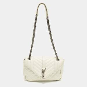 Pre Owned Saint Laurent College Medium White Matelassé Leather Bag
