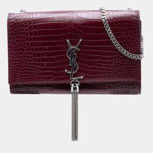 مملوكة مسبقًا Saint Laurent Paris Red Medium Croc Embossed Leather Monogram Kate Tassel Crossbody