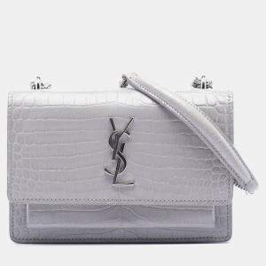 مملوكة مسبقًا Saint Laurent Paris Mini Croc Embossed Leather Monogram Sunset Wallet on Chain