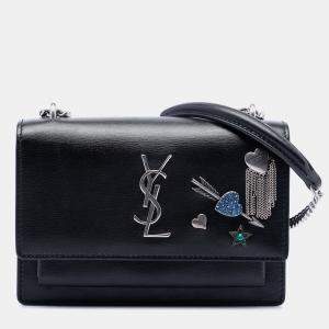 مملوكة مسبقًا Saint Laurent Paris Black Mini Calfskin Monogram Lucky Charms Sunset Wallet on Chain