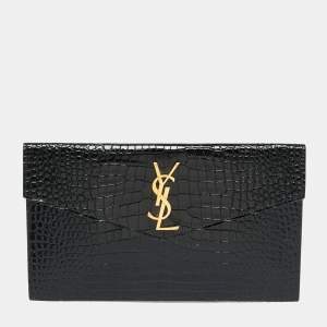 Pre Owned Saint Laurent Uptown Black Croc Embossed Leather Envelope Clutch
