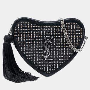 مملوكة مسبقًا Saint Laurent Paris Black Studded Calfskin Sac Coeur Heart Tassel Crossbody