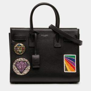 مملوكة مسبقًا Saint Laurent Paris Black Baby Leather Patch Embellished Sac De Jour Satchel