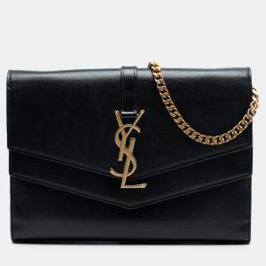 مملوكة مسبقًا Saint Laurent Paris Black Leather Monogram Sulpice Wallet on Chain