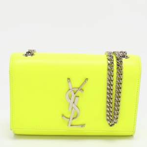 Pre Owned Saint Laurent Monogram Kate Small Neon Green Leather Shoulder Bag