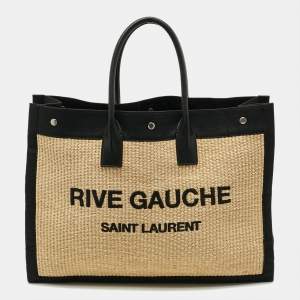 مملوكة مسبقًا Saint Laurent Rive Gauche Large Black/Natural Woven Straw Tote
