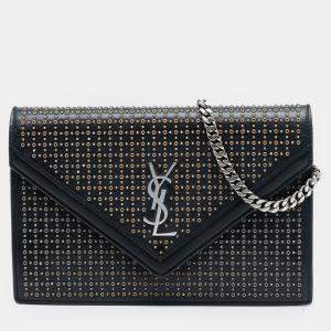 Pre Owned Saint Laurent Paris Black Studded Leather Monogram Le Sept Chain Bag