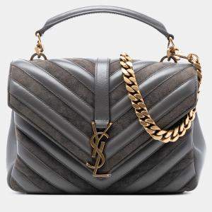 Pre Owned Saint Laurent Paris Medium Calfskin and Suede Chevron Monogram College Satchel