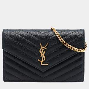 مملوكة مسبقًا Saint Laurent Paris Black Grain De Poudre Cassandre Envelope Chain Wallet
