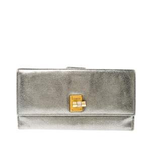 Pre Owned Yves Saint Laurent Grey Metallic Leather Turn Lock Flap Wallet