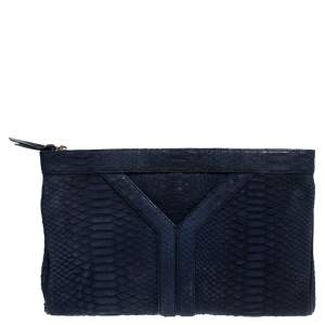 Pre Owned Yves Saint Laurent Navy Blue Python Leather Zip Clutch
