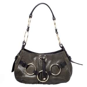 Pre Owned Yves Saint Laurent Dark Green Snakeskin Ring Hobo