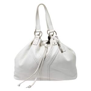 Pre Owned Yves Saint Laurent White/Grey Leather Reversible Double Sac Y Tote