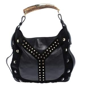 Saint Laurent Paris Black Leather and Suede Studded Mombasa Hobo