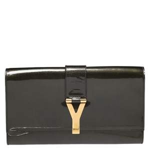 Pre Owned Saint Laurent Olive Green Patent Leather Ligne Y Clutch  