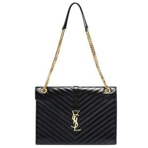مملوكة مسبقًا Saint Laurent Black Chevron Quilted Leather Monogram Envelope Shoulder Bag