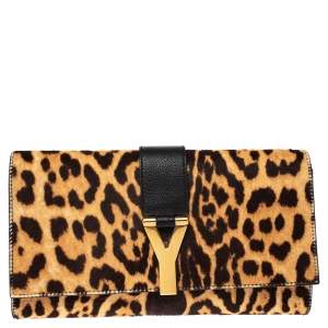 Pre Owned Saint Laurent Brown/Black Leopard Print Calf Hair and Leather Chyc Clutch