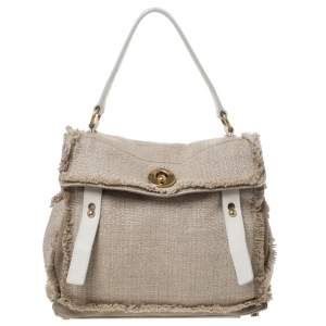 Pre Owned Saint Laurent Paris Beige/White Fabric/Suede and Leather Medium Muse Two Satchel