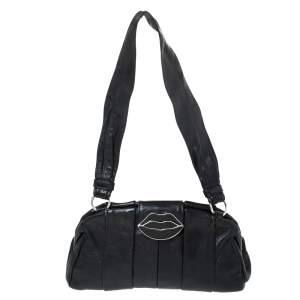 Pre Owned Yves Saint Laurent Black Pleated Leather Lips Flap Shoulder Bag