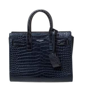 Pre Owned Saint Laurent Navy Blue Croc Embossed Leather Nano Classic Sac De Jour Tote