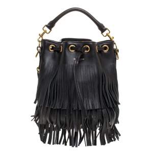 Pre Owned Saint Laurent Black Leather Small Emmanuelle Fringed Bucket Bag