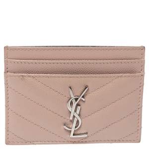 Pre Owned Saint Laurent Beige Matelasse Leather Monogram Card Holder