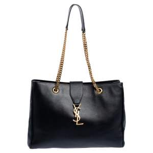 مملوكة مسبقًا Saint Laurent Black Leather Cassandre Chain Strap Shopper Tote            