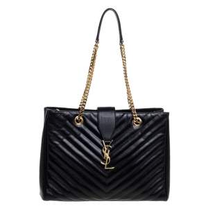مملوكة مسبقًا Saint Laurent Black Matelasse Leather Cassandre Shopper Tote